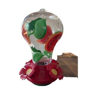Hummingbird Feeder Hand Painted Floral Glass Tank 4 Port Plastic Feeder Vintage